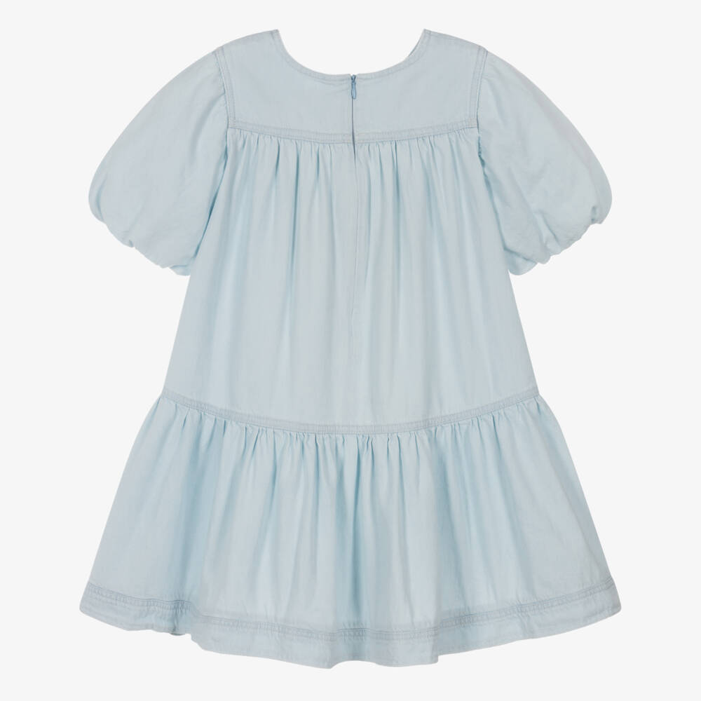 Chloé-Girls Pale Blue Denim Dress with Puffed Sleeves | Childrensalon