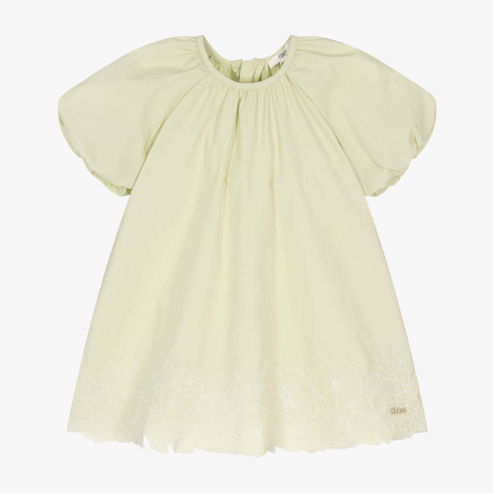 Chloé-Girls Pale Green Floral Embroidered Dress | Childrensalon