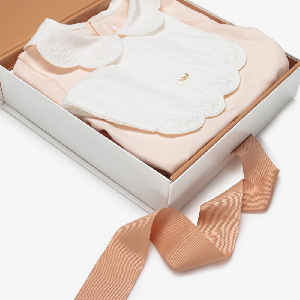 Chloé-Girls Pale Pink Babysuit Set with Embroidered Collar | Childrensalon