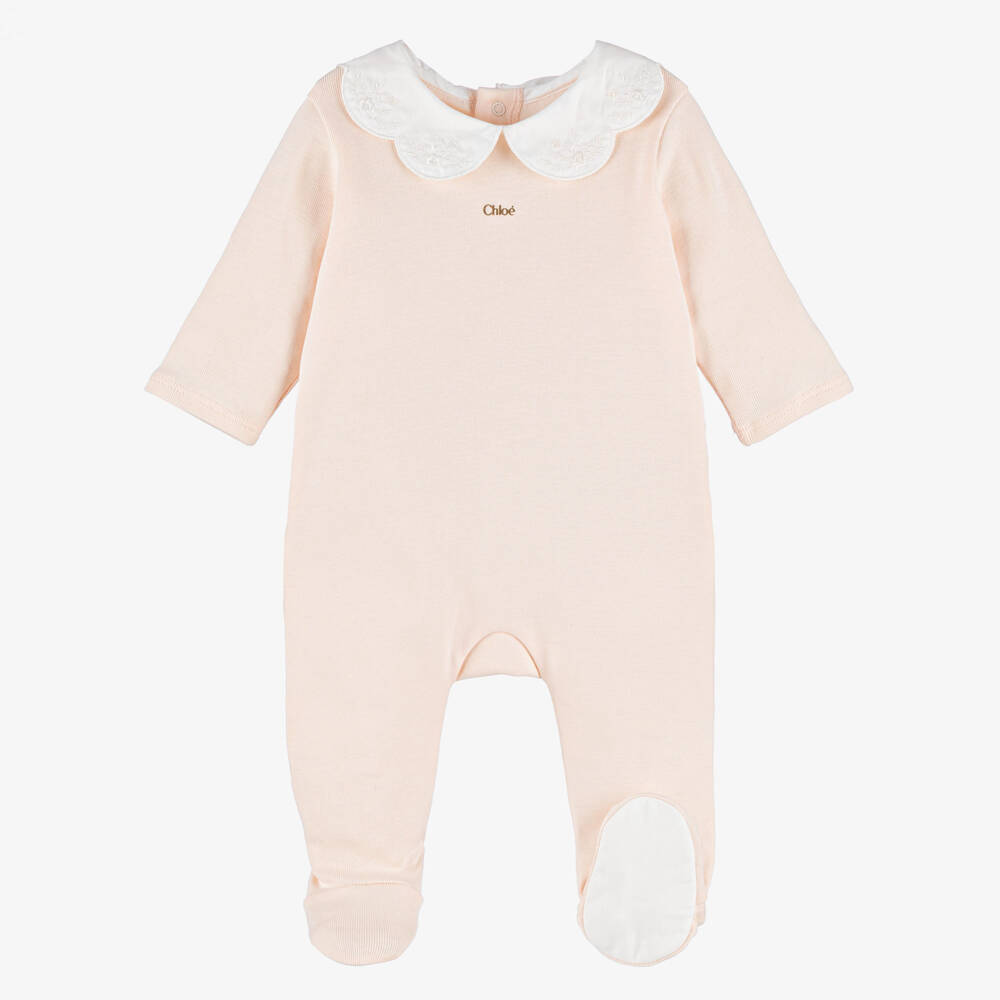 Chloé-Girls Pale Pink Babysuit Set with Embroidered Collar | Childrensalon