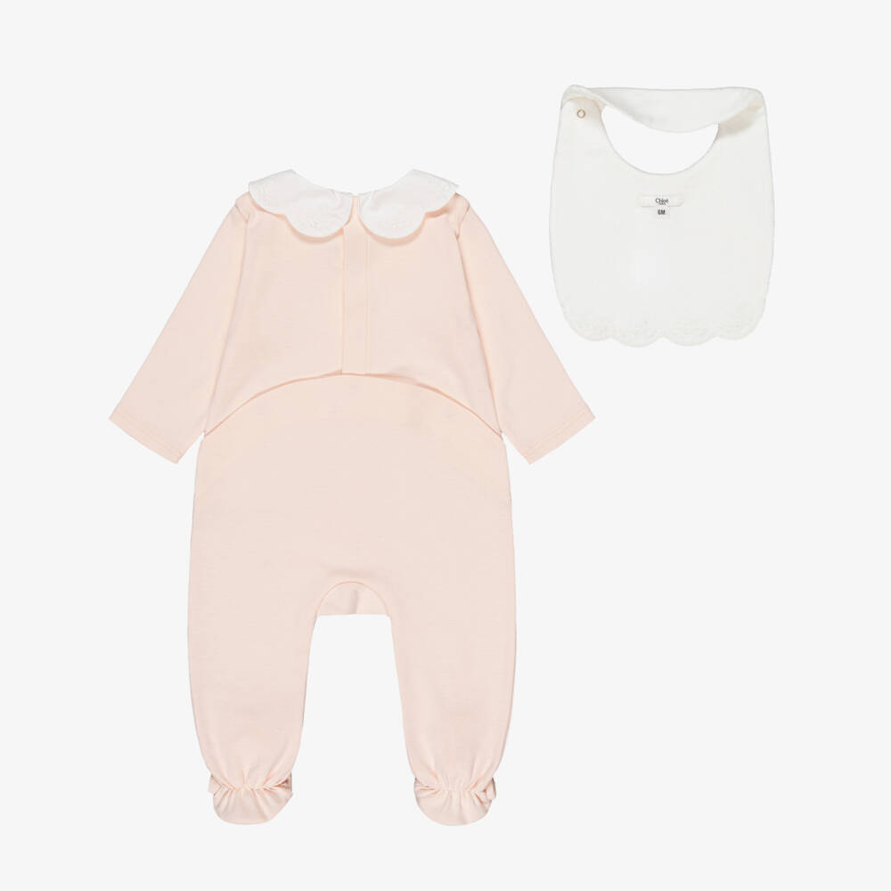 Chloé-Girls Pale Pink Babysuit Set with Embroidered Collar | Childrensalon