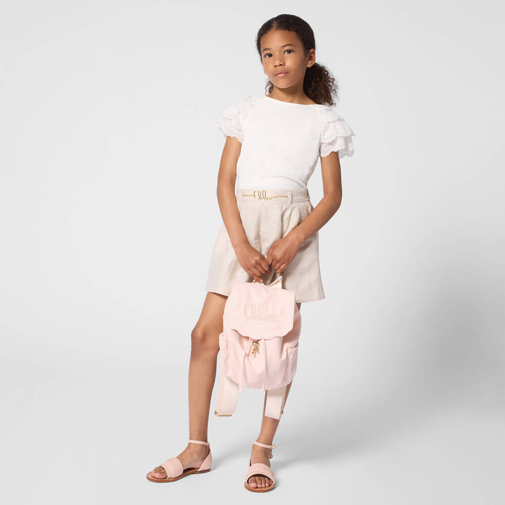 Chloé-Girls Pale Pink Canvas Backpack with Signature Embroidery (28cm) | Childrensalon