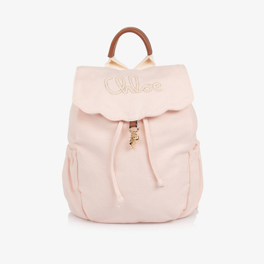 Chloé-Girls Pale Pink Canvas Backpack with Signature Embroidery (28cm) | Childrensalon