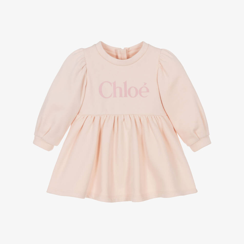 Chloé-Girls Pale Pink Cotton Jersey Dress with Puff Sleeves | Childrensalon