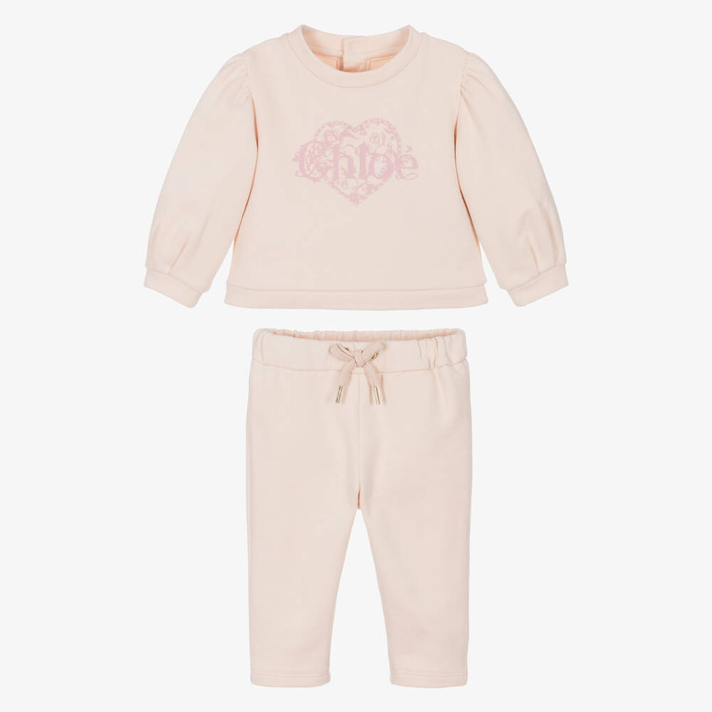 Chloé-Girls Pale Pink Cotton Tracksuit with Heart Motif | Childrensalon