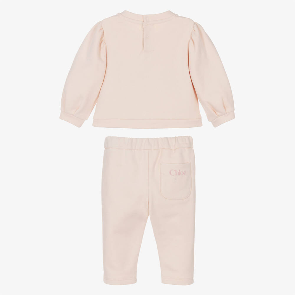 Chloé-Girls Pale Pink Cotton Tracksuit with Heart Motif | Childrensalon
