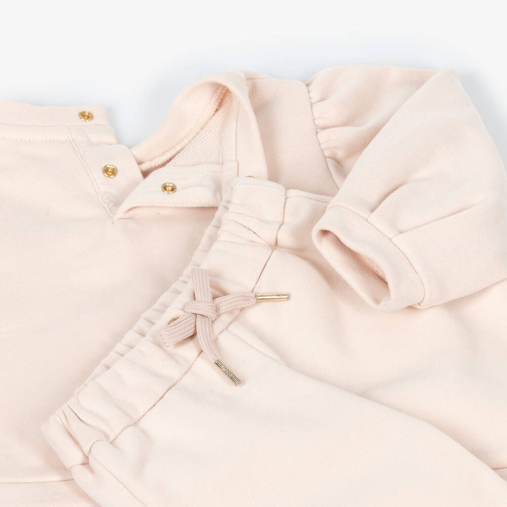 Chloé-Girls Pale Pink Cotton Tracksuit with Heart Motif | Childrensalon