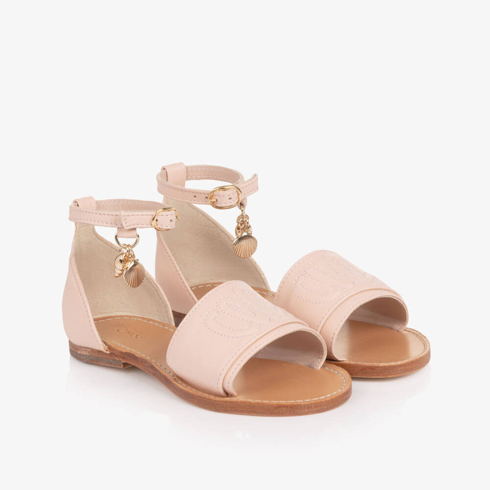 Chloé-Girls Pale Pink Leather Sandals with Seashells Charm | Childrensalon
