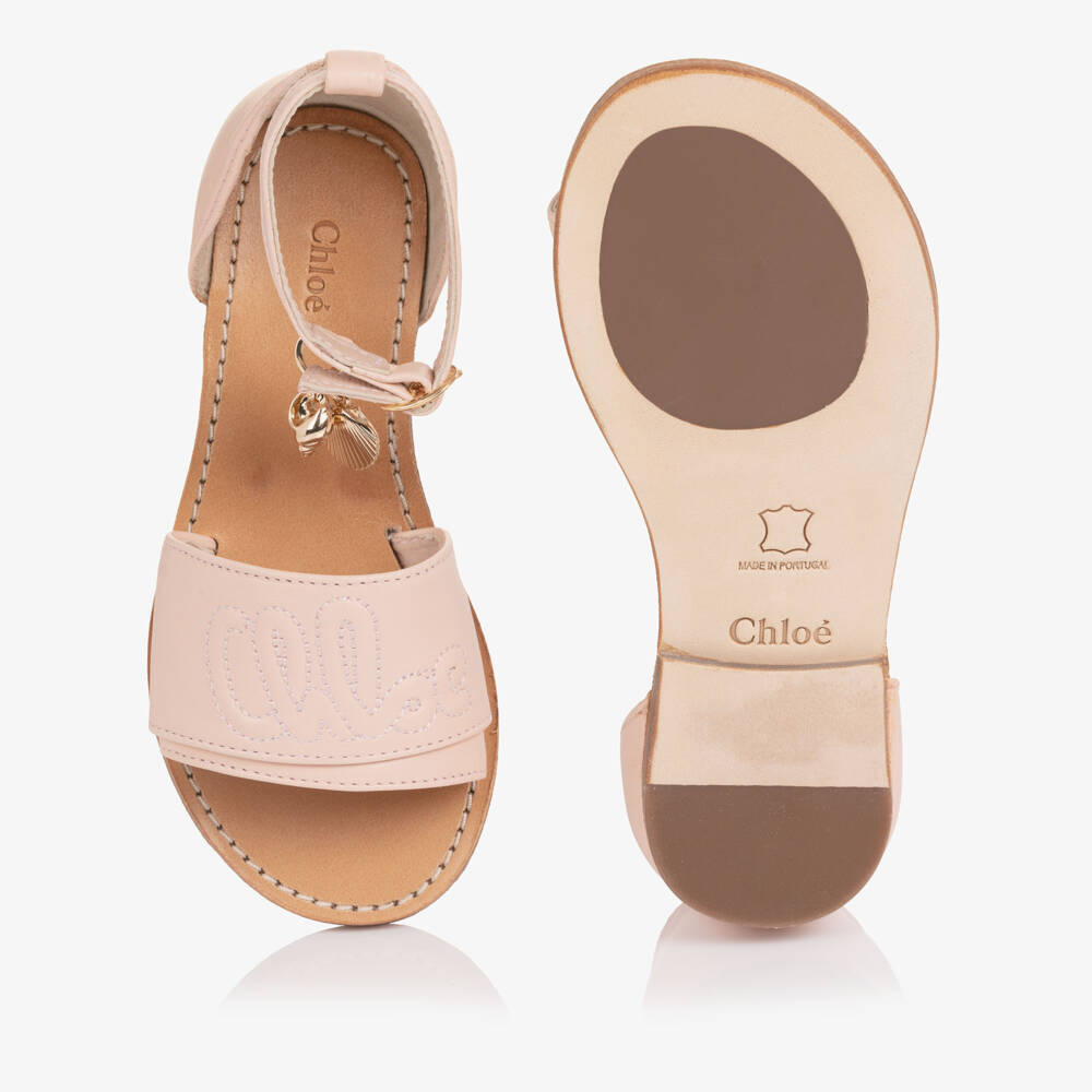 Chloé-Girls Pale Pink Leather Sandals with Seashells Charm | Childrensalon