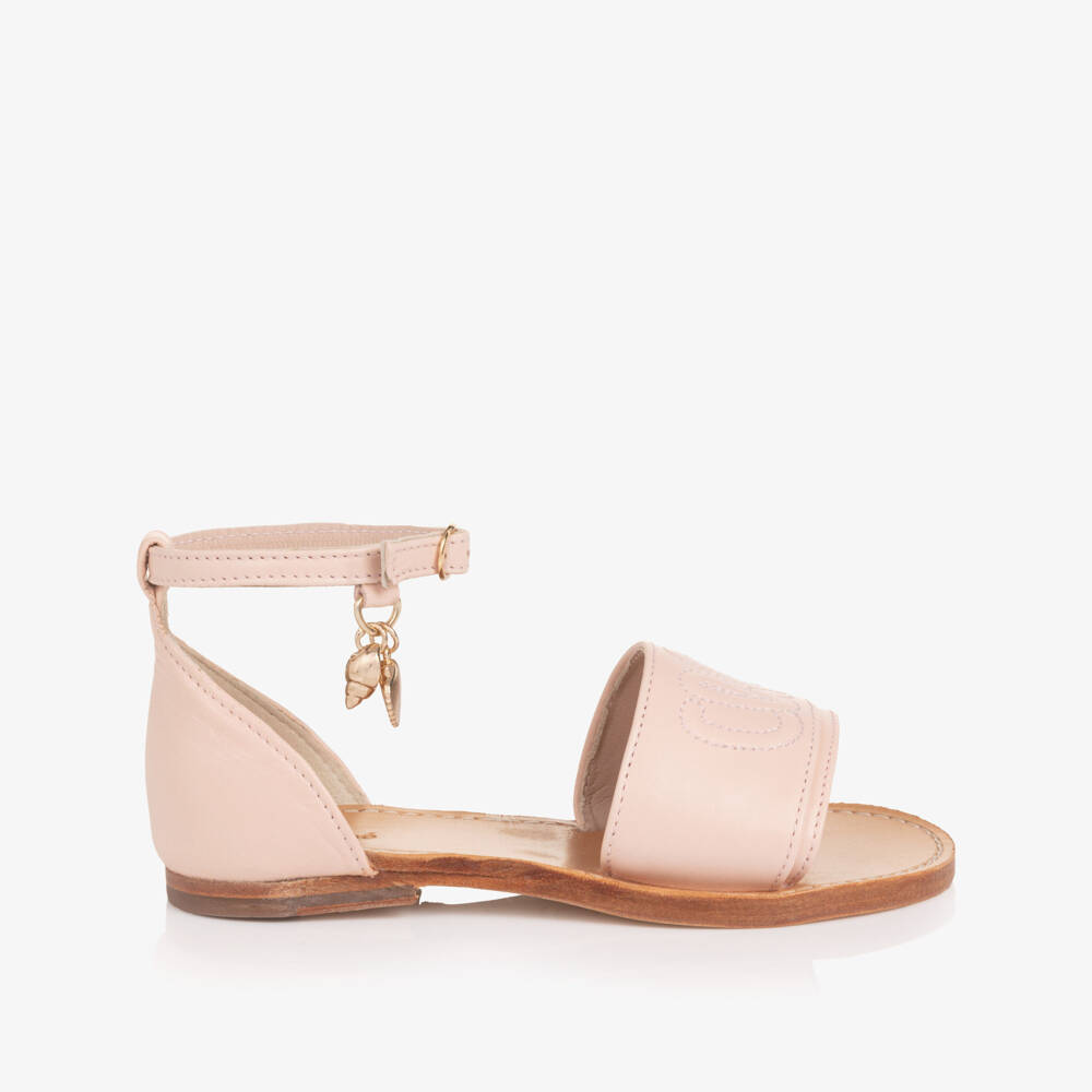 Chloé-Girls Pale Pink Leather Sandals with Seashells Charm | Childrensalon
