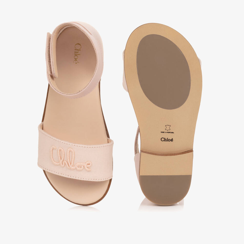 Chloé-Girls Pale Pink Velcro Sandals with Script Logo | Childrensalon
