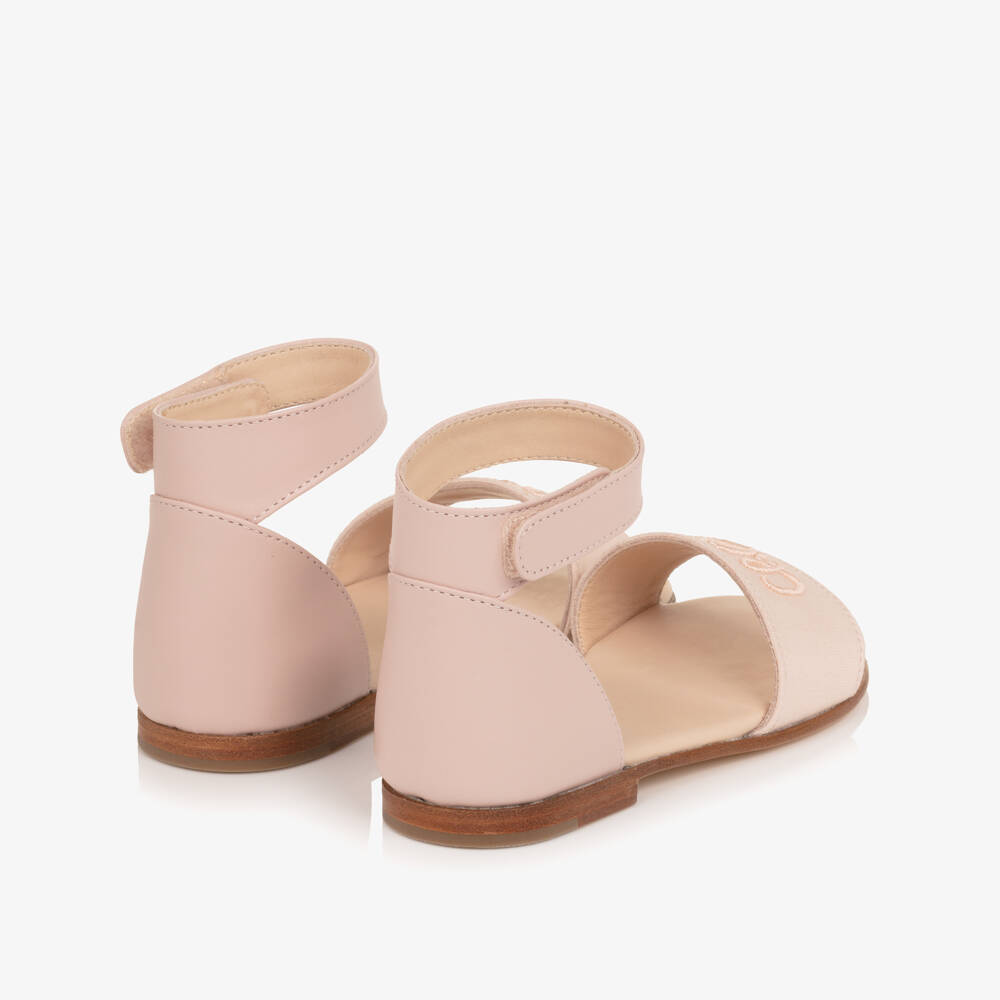 Chloé-Girls Pale Pink Velcro Sandals with Script Logo | Childrensalon