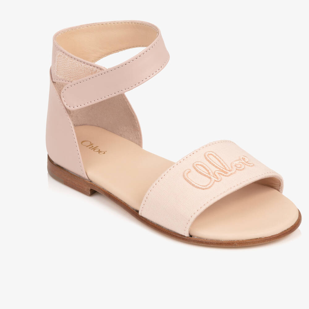 Chloé-Girls Pale Pink Velcro Sandals with Script Logo | Childrensalon