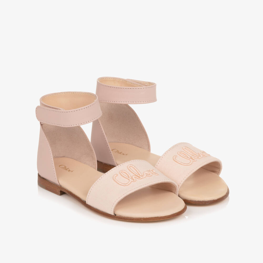Chloé-Girls Pale Pink Velcro Sandals with Script Logo | Childrensalon
