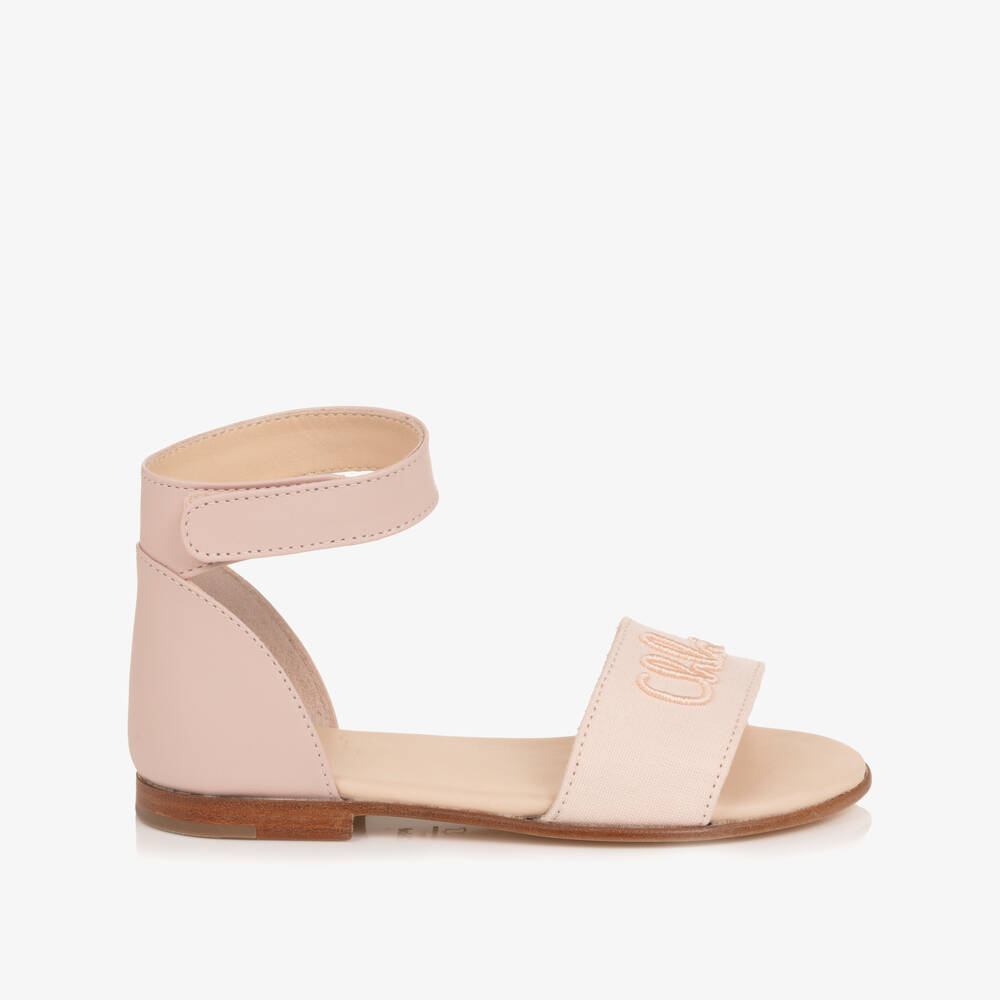Chloé-Girls Pale Pink Velcro Sandals with Script Logo | Childrensalon