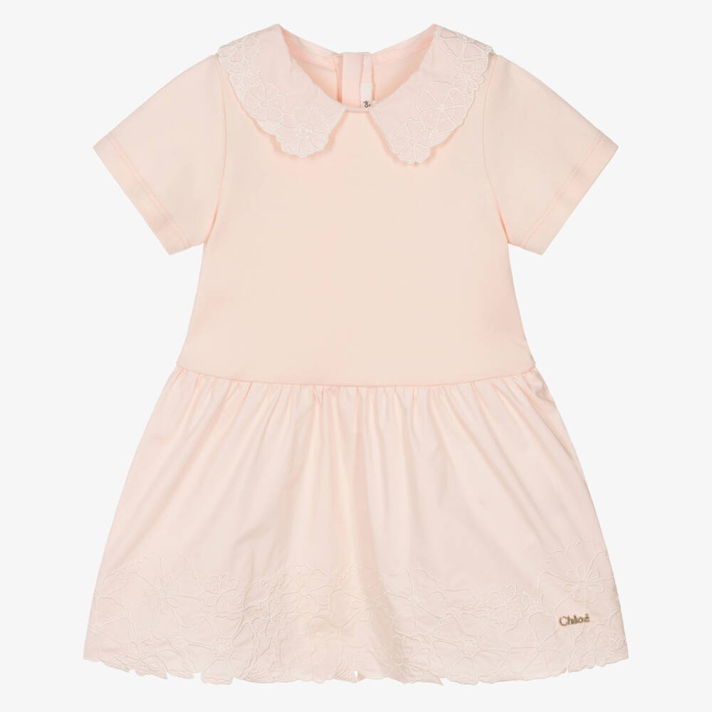Chloé-Girls Pastel Pink Cotton Dress with Floral Embroidery | Childrensalon