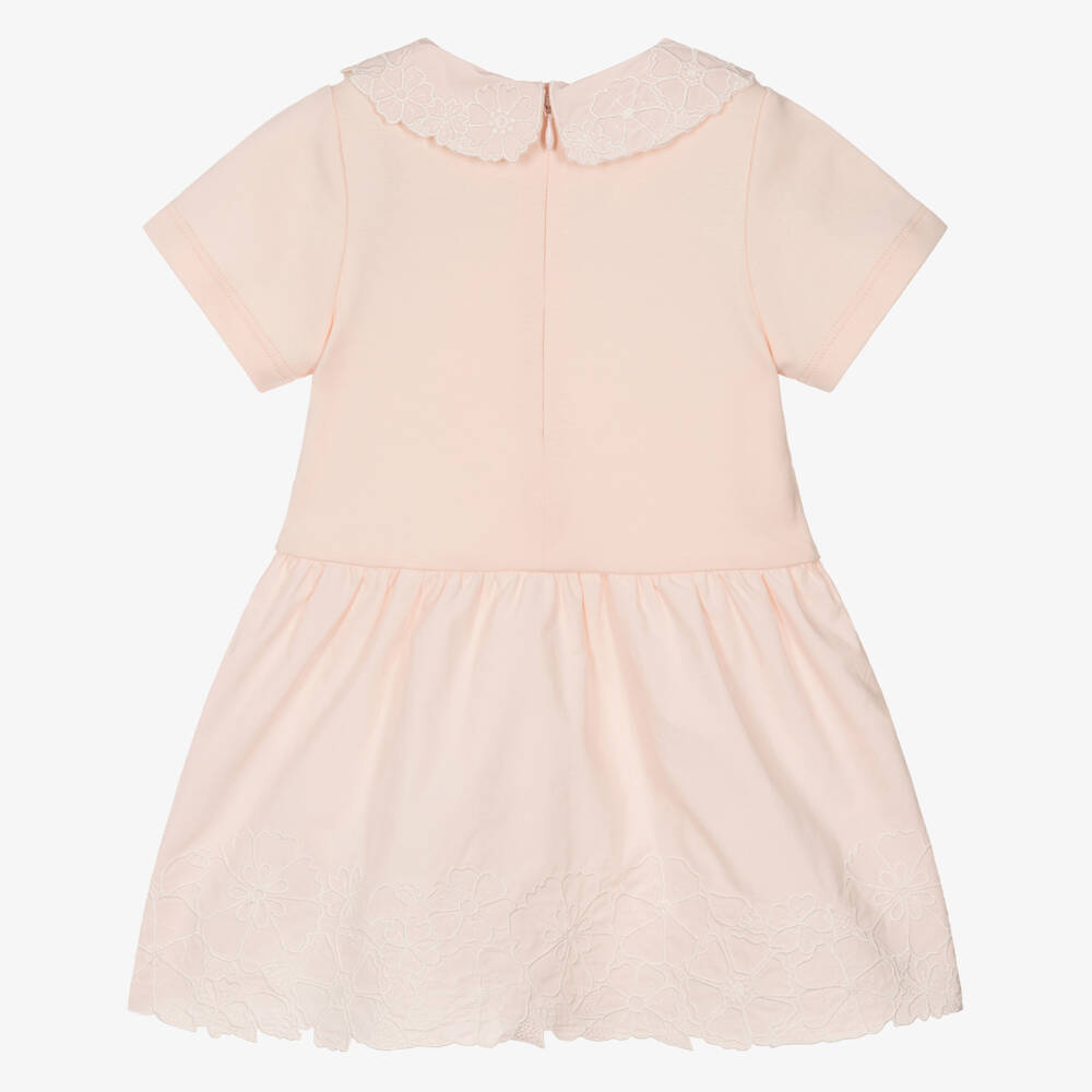 Chloé-Girls Pastel Pink Cotton Dress with Floral Embroidery | Childrensalon