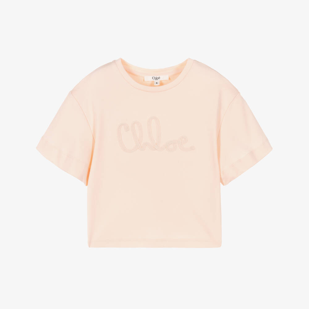 Chloé-Girls Pastel Pink Signature Logo Cotton T-Shirt | Childrensalon
