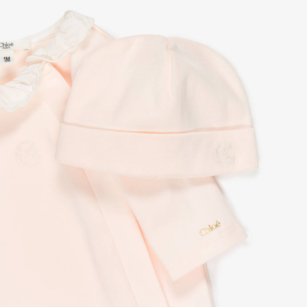 Chloé-Girls Peach Pink Cotton Babysuit Gift Set | Childrensalon
