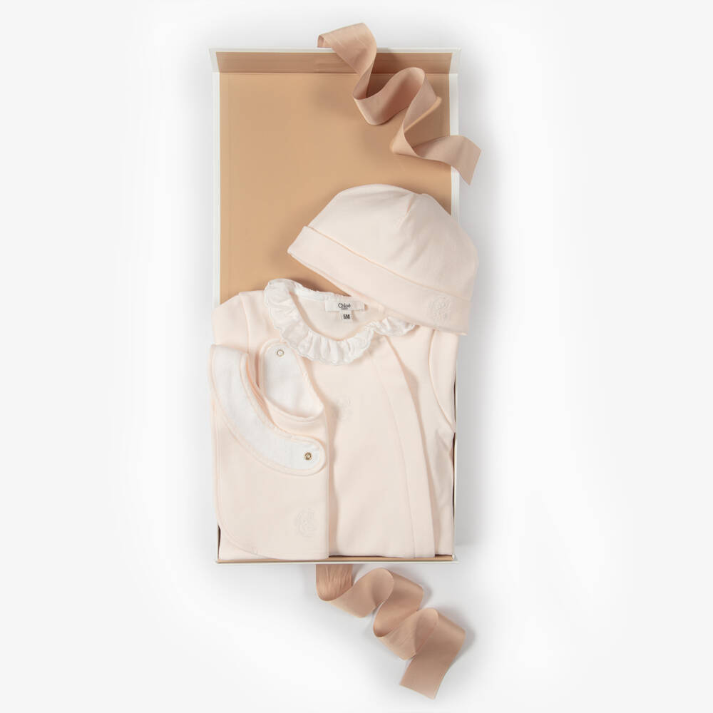 Chloé-Girls Peach Pink Cotton Babysuit Gift Set | Childrensalon