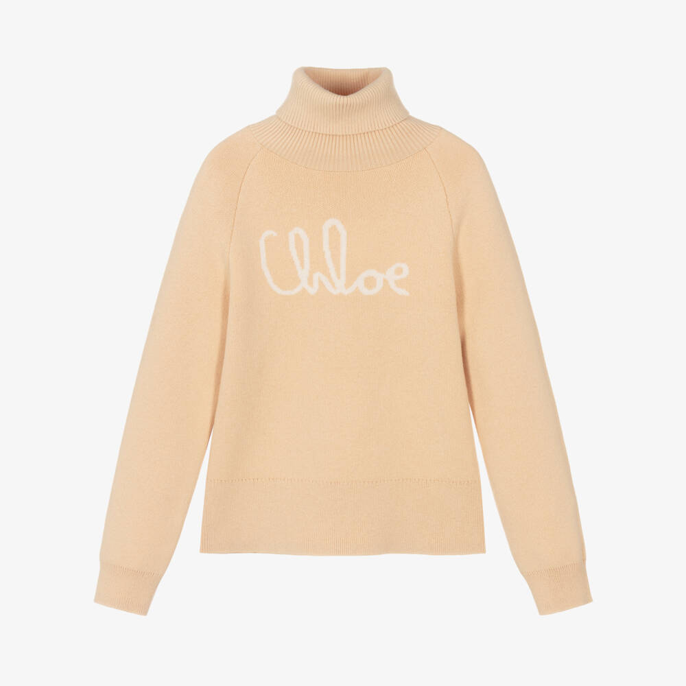 Chloé-Girls Peach Pink Cotton & Wool Logo Roll Neck Sweater | Childrensalon