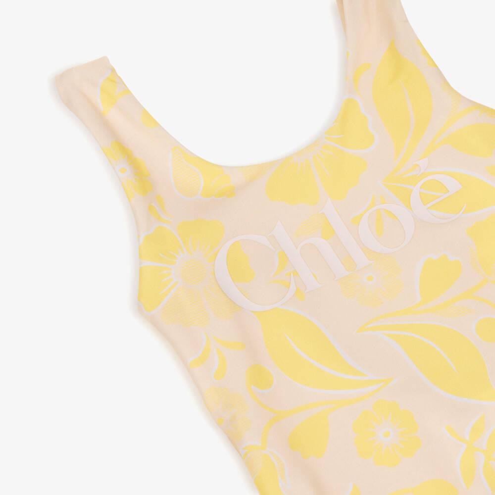 Chloé-Girls Peach Pink & Yellow Floral Swimsuit | Childrensalon