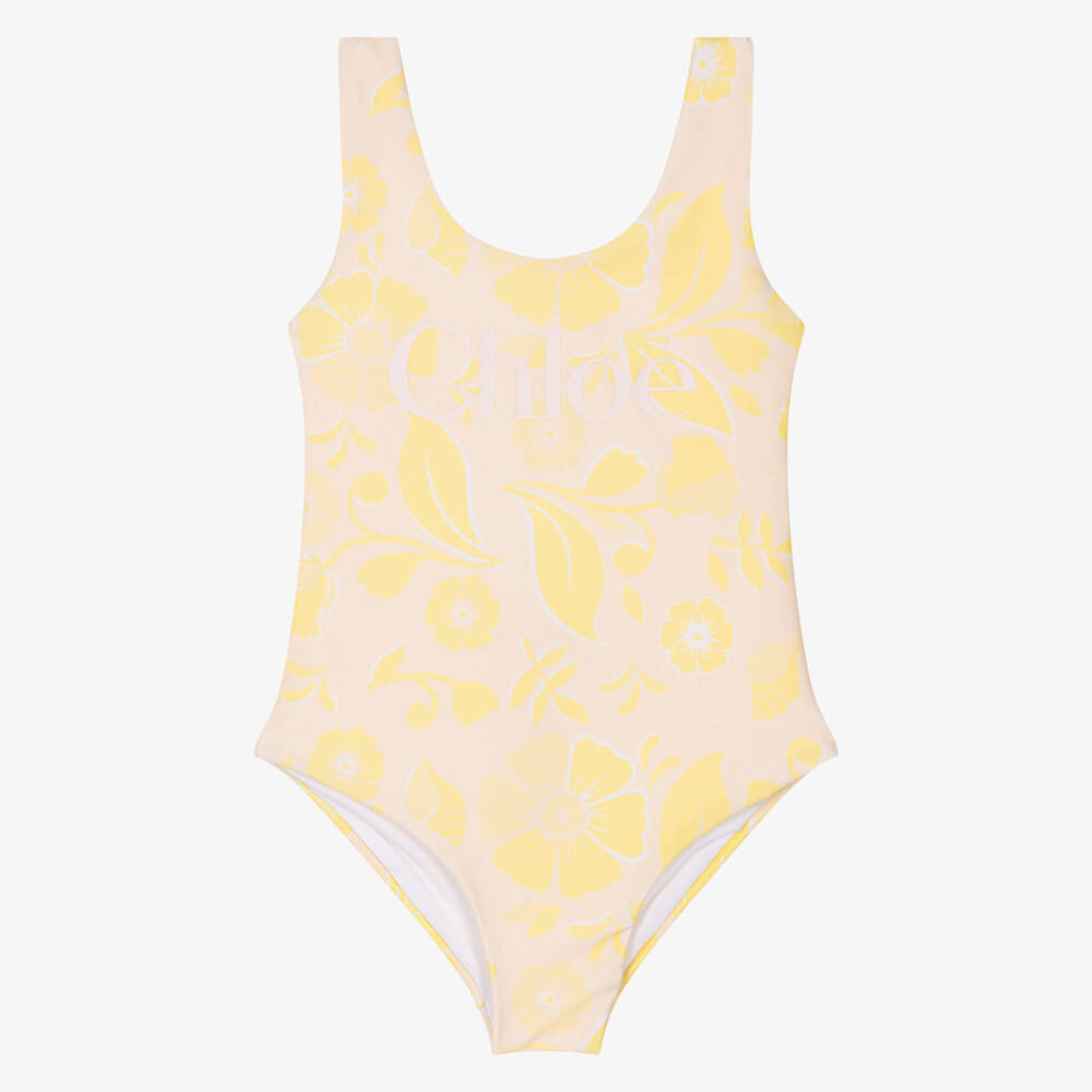 Chloé-Girls Peach Pink & Yellow Floral Swimsuit | Childrensalon