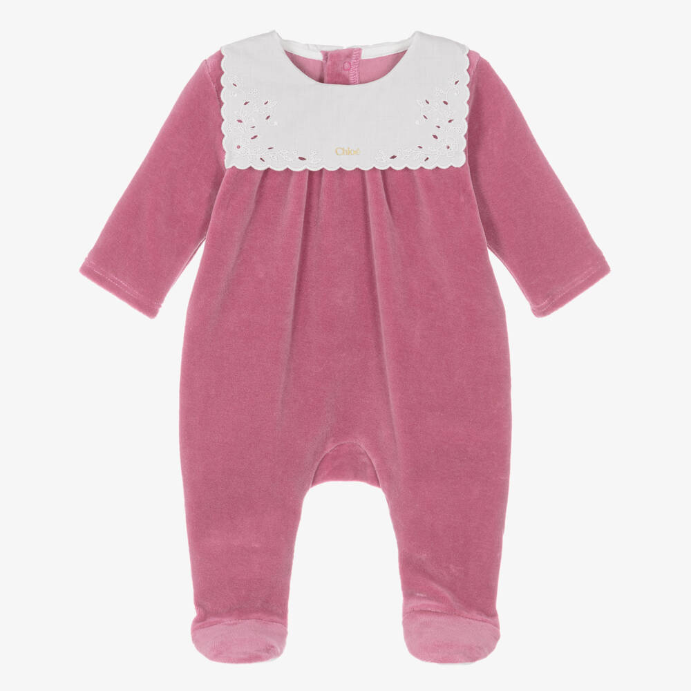 Chloé-Girls Pink Babygrow with Broderie Anglaise Collar | Childrensalon