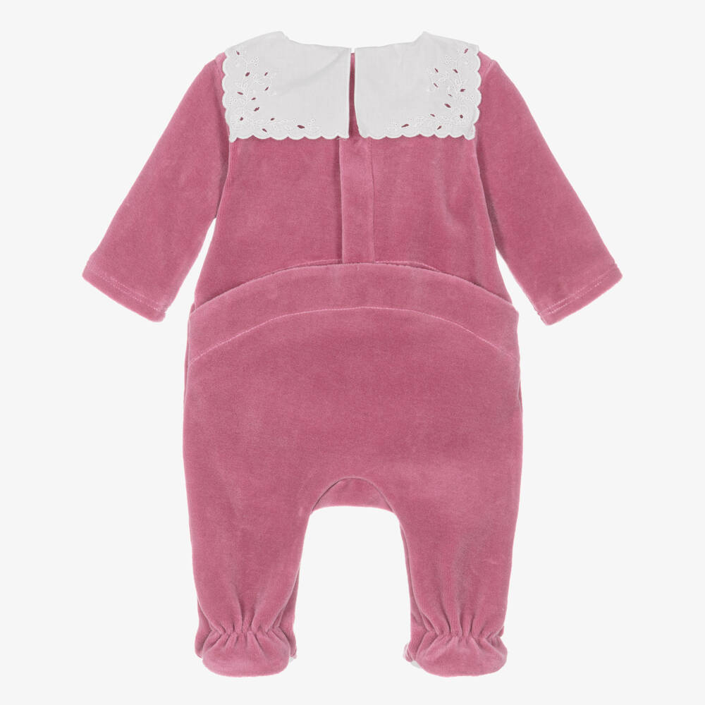 Chloé-Girls Pink Babygrow with Broderie Anglaise Collar | Childrensalon