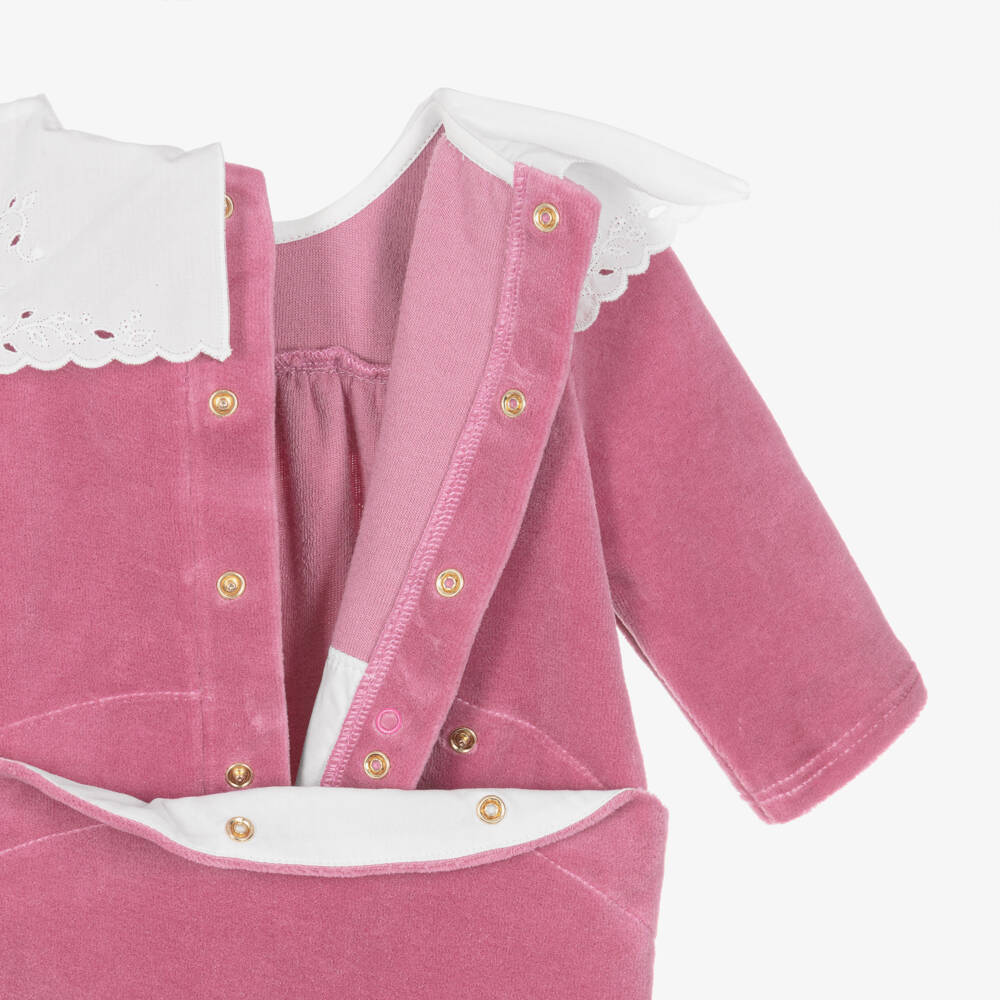 Chloé-Girls Pink Babygrow with Broderie Anglaise Collar | Childrensalon