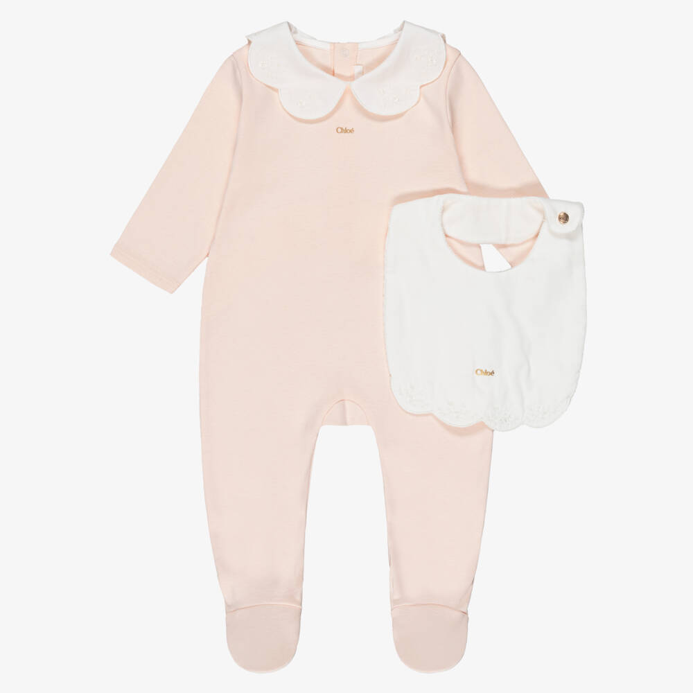 Chloé-Girls Pink Babysuit Gift Set with Embroidered Collar | Childrensalon