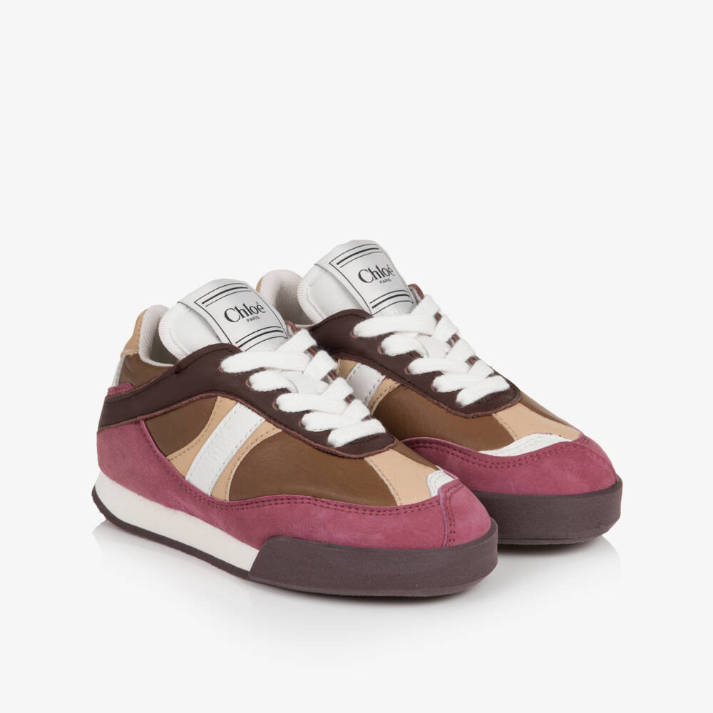 Chloé-Girls Pink & Beige Leather Kick Trainers | Childrensalon