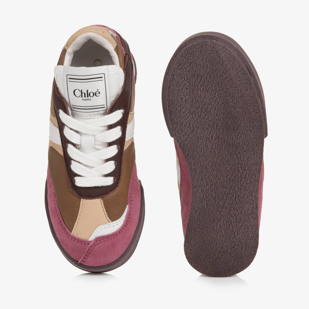 Chloé-Girls Pink & Beige Leather Kick Trainers | Childrensalon