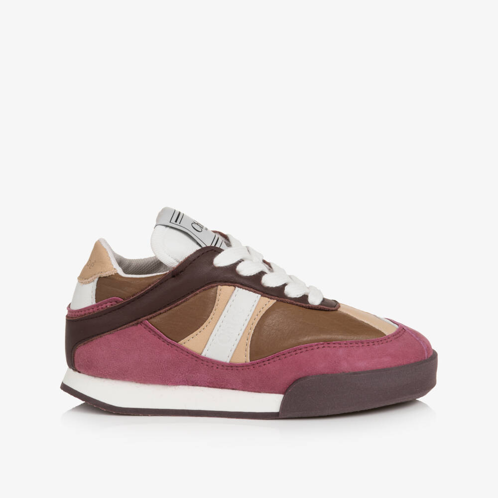 Chloé-Girls Pink & Beige Leather Kick Trainers | Childrensalon