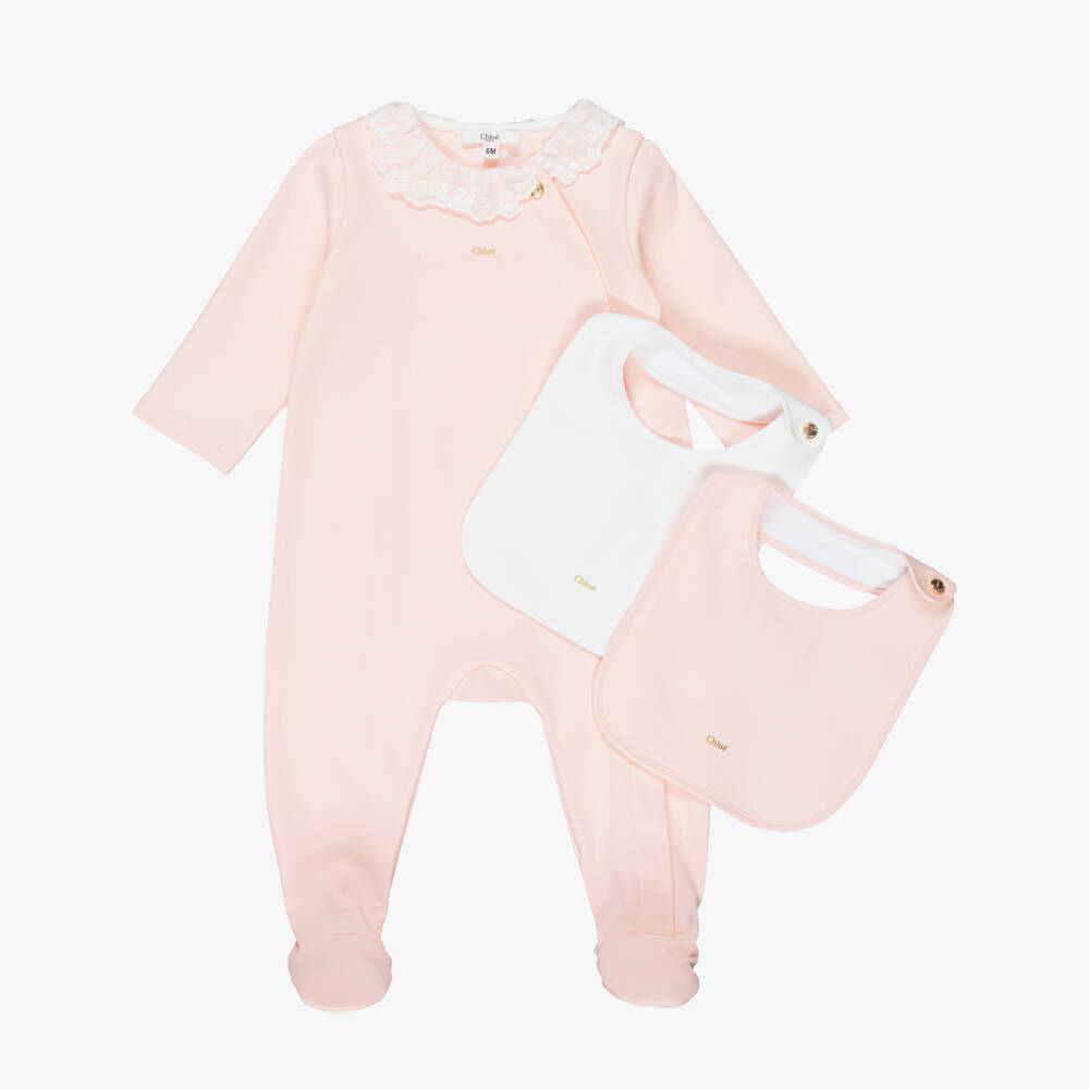 Chloé-Girls Pink Cotton Babygrow & Bib Set | Childrensalon
