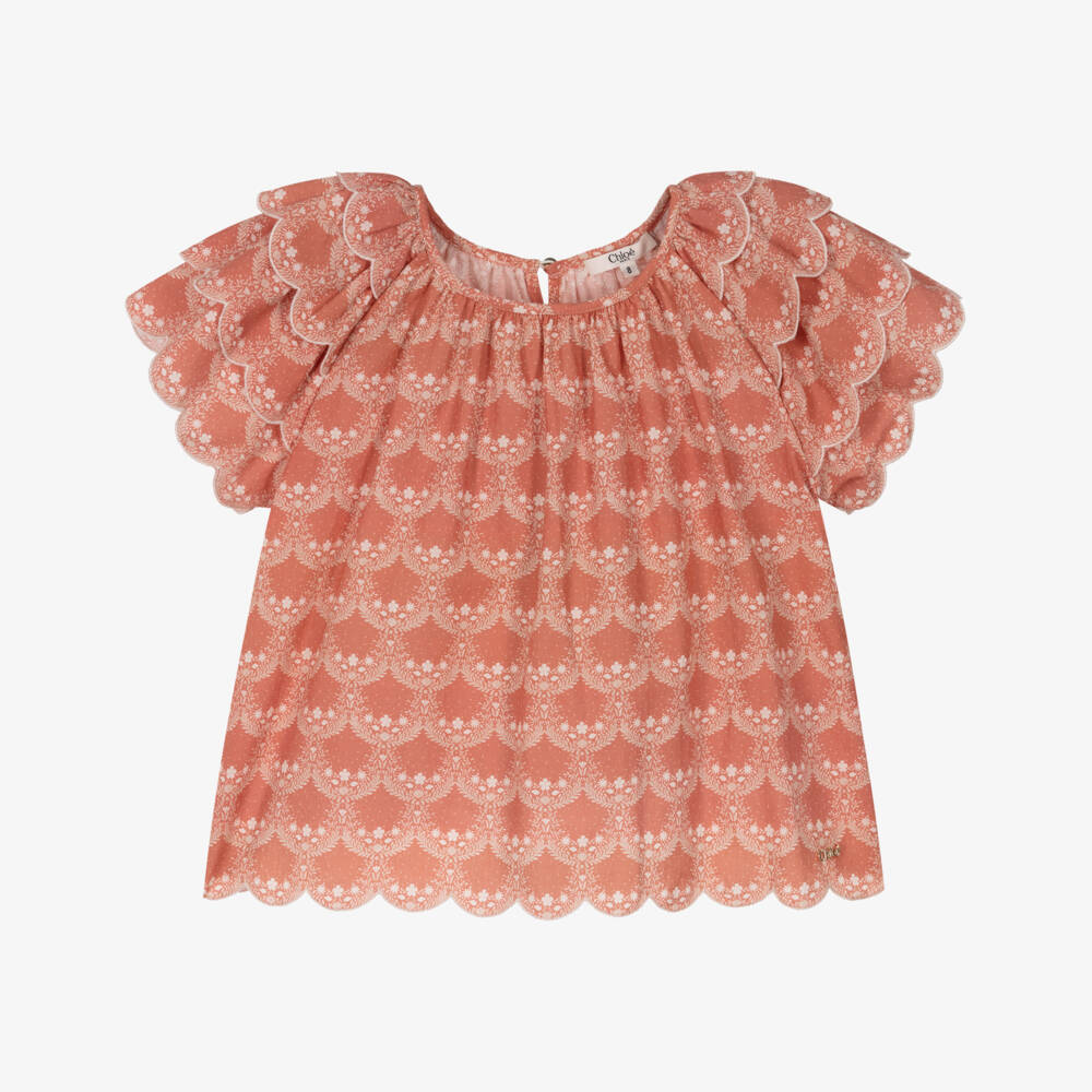 Chloé-Girls Pink Cotton Floral Print Blouse with Ruffle Sleeves | Childrensalon