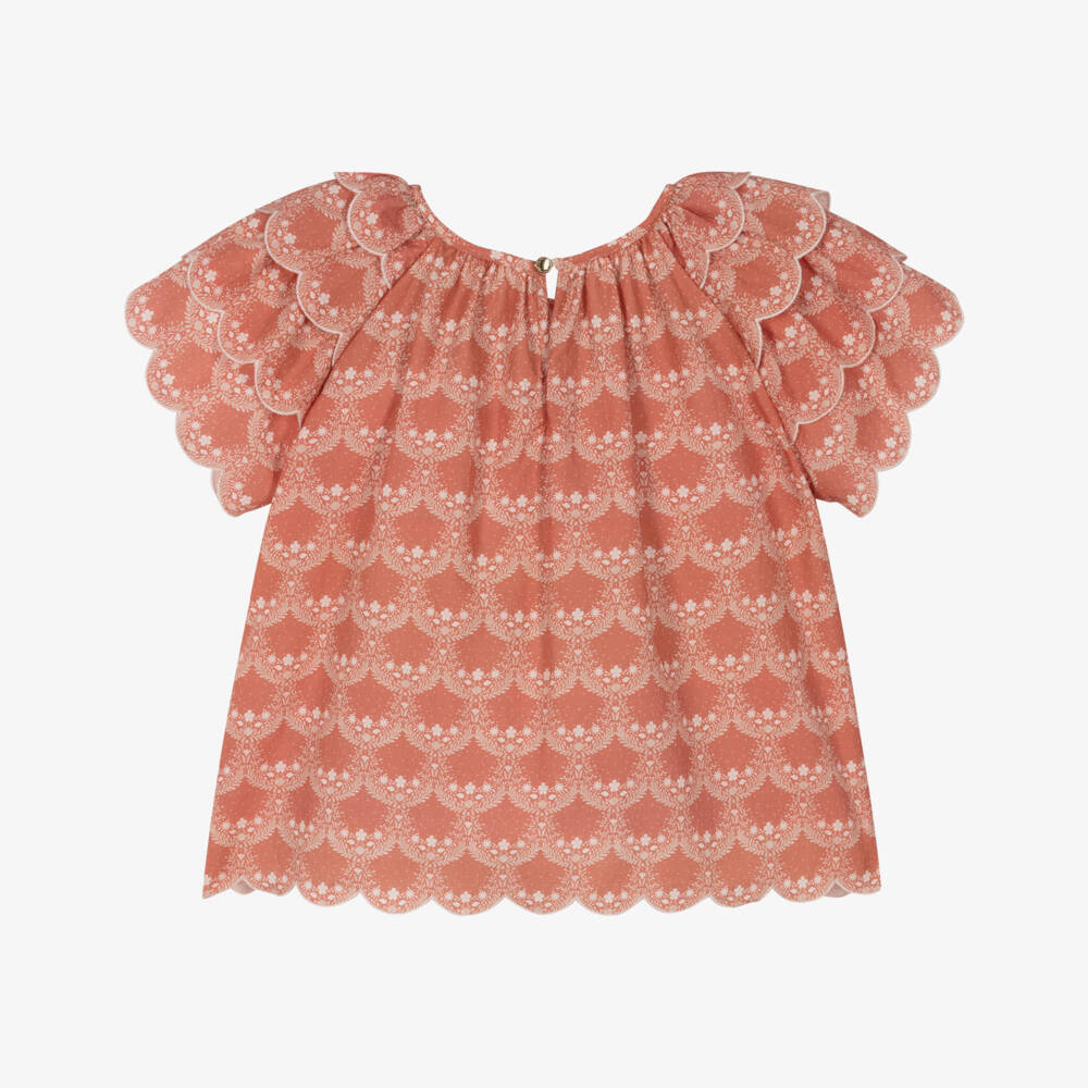 Chloé-Girls Pink Cotton Floral Print Blouse with Ruffle Sleeves | Childrensalon