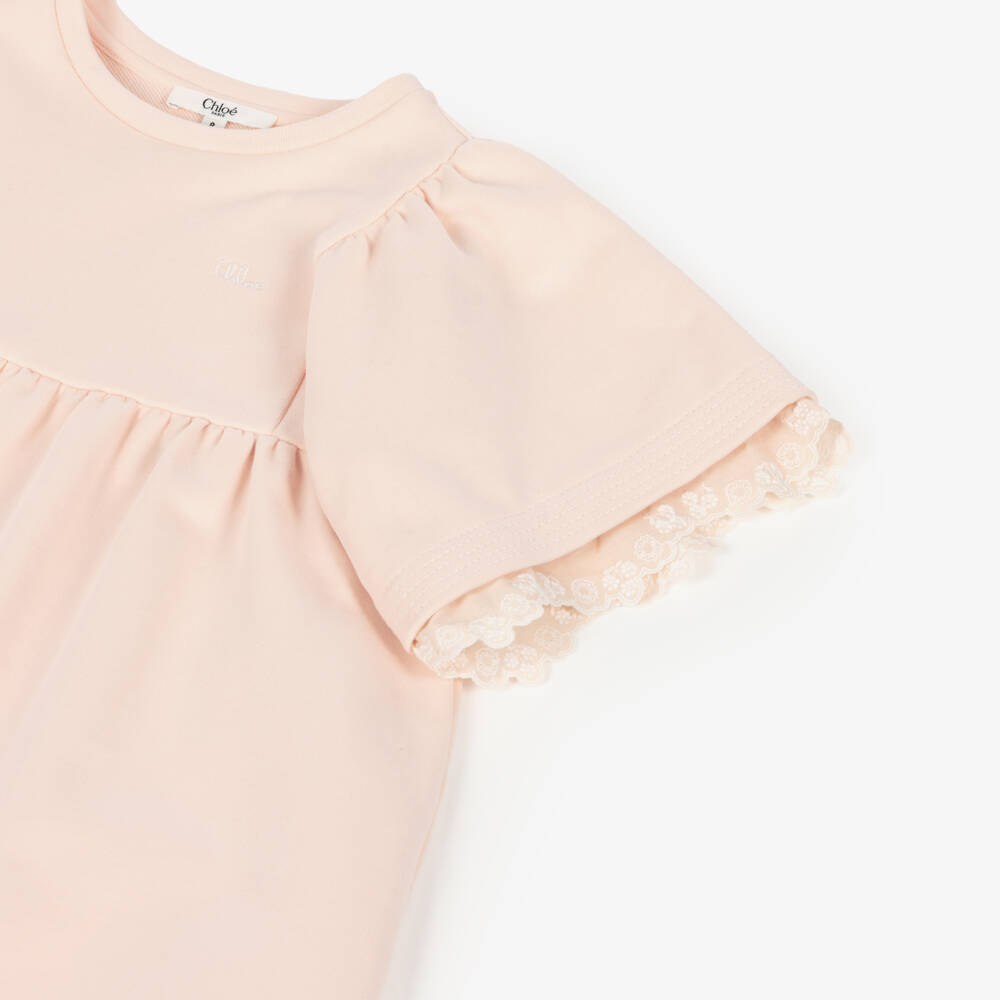 Chloé-Girls Pink Cotton Jersey Dress with Embroidered Logo | Childrensalon