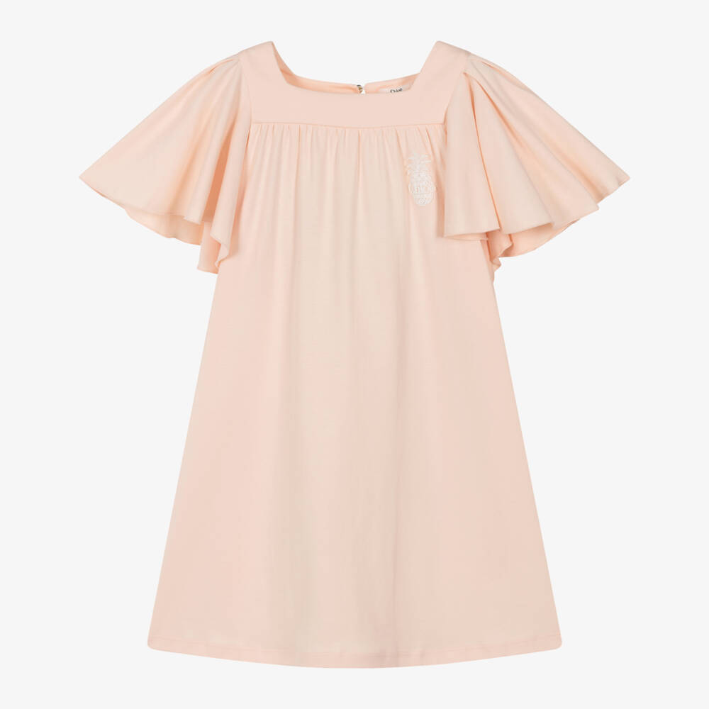 Chloé-Girls Pink Cotton Jersey Dress with Flounce Sleeves | Childrensalon