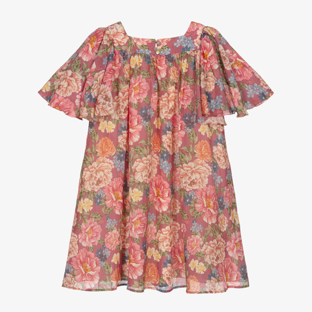 Chloé-Girls Pink Floral Cotton & Silk Dress with Flounce Sleeves | Childrensalon