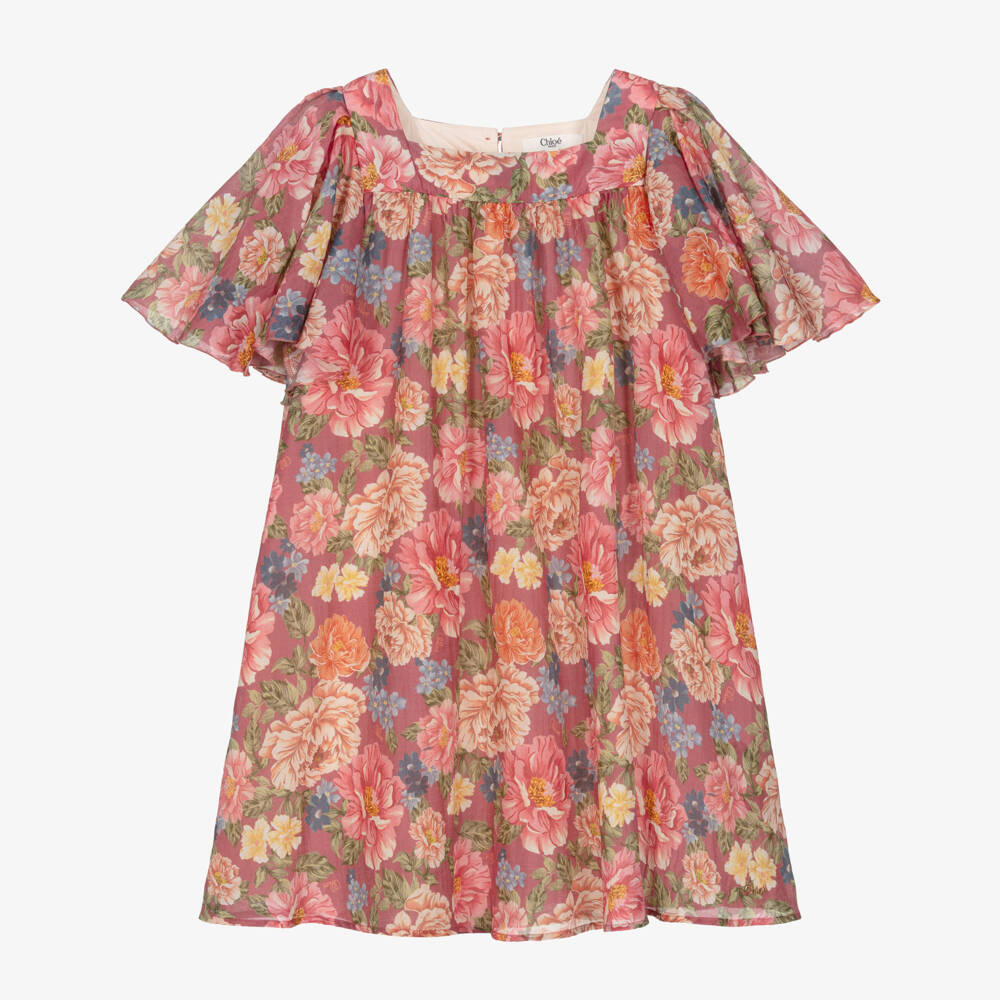 Chloé-Girls Pink Floral Cotton & Silk Dress with Flounce Sleeves | Childrensalon