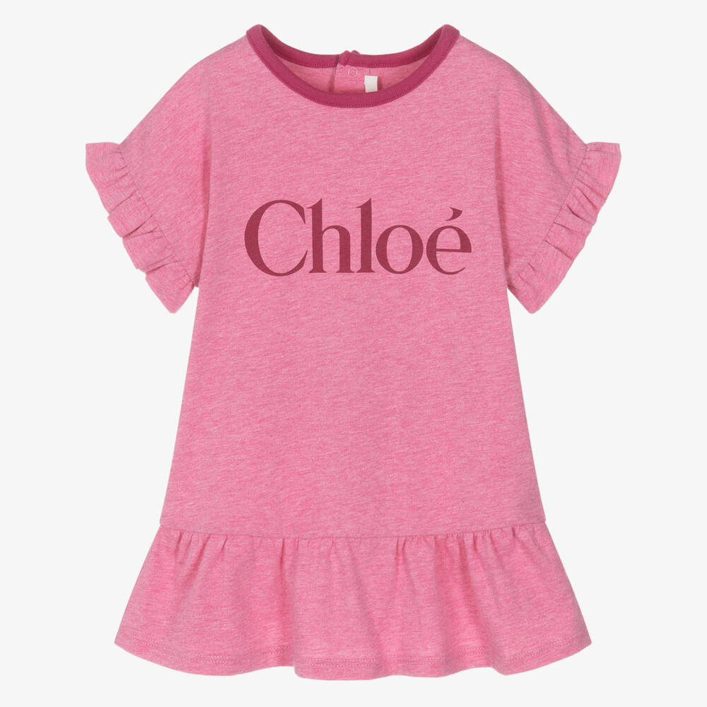 Chloé-Girls Pink Marl Cotton Jersey Dress with Ruffled Sleeves | Childrensalon