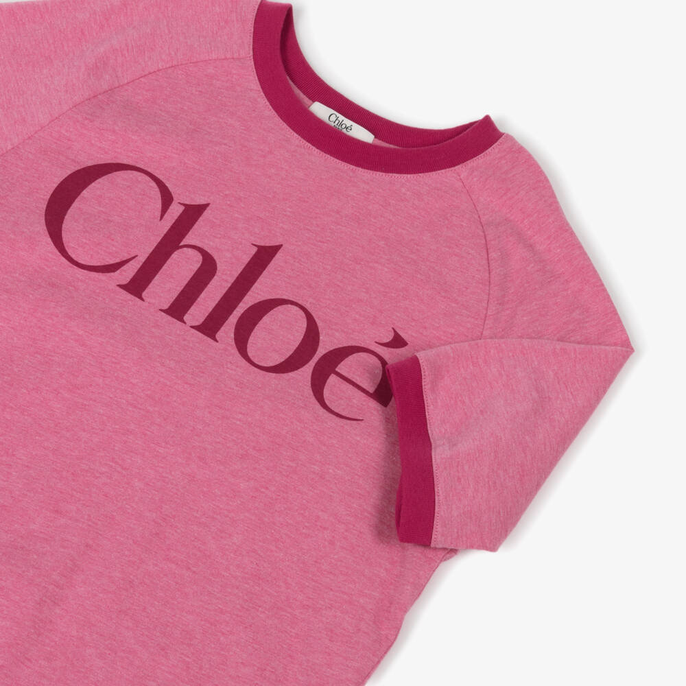 Chloé-Girls Pink Marl Cotton Jersey Logo T-Shirt Dress | Childrensalon