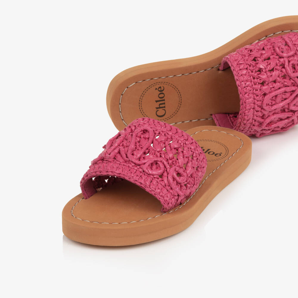 Chloé-Girls Pink Raffia Sliders with Script Logo | Childrensalon