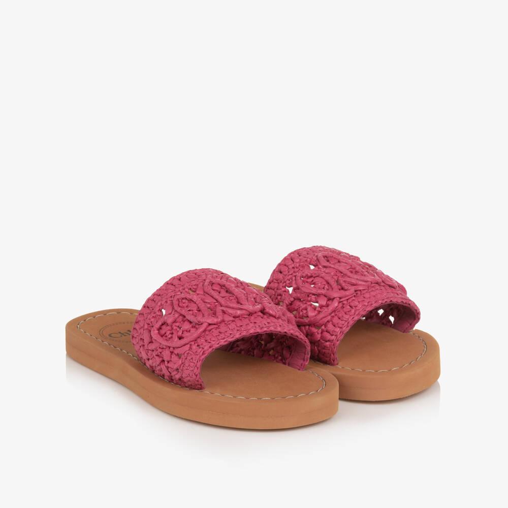 Chloé-Girls Pink Raffia Sliders with Script Logo | Childrensalon