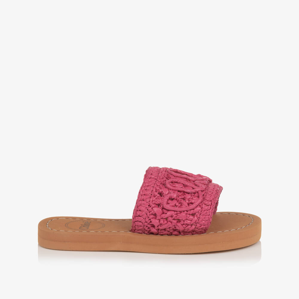 Chloé-Girls Pink Raffia Sliders with Script Logo | Childrensalon