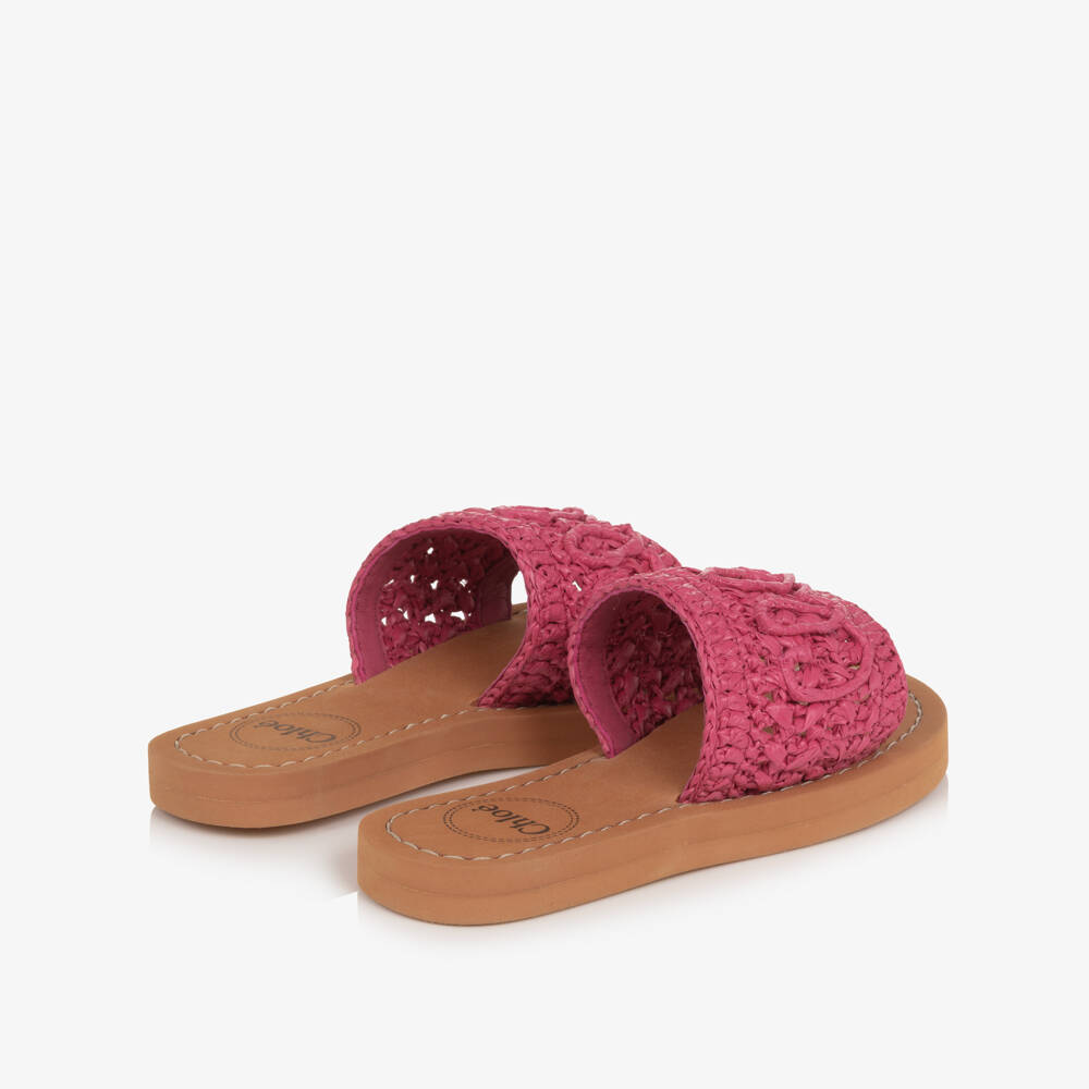 Chloé-Girls Pink Raffia Sliders with Script Logo | Childrensalon