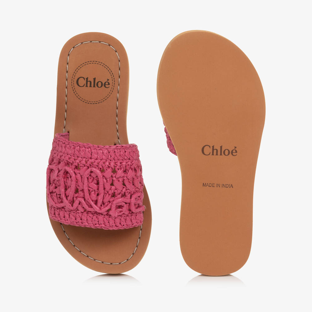 Chloé-Girls Pink Raffia Sliders with Script Logo | Childrensalon