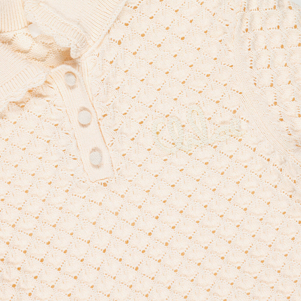 Chloé-Girls Pink Scalloped Cotton Knit Polo Shirt | Childrensalon