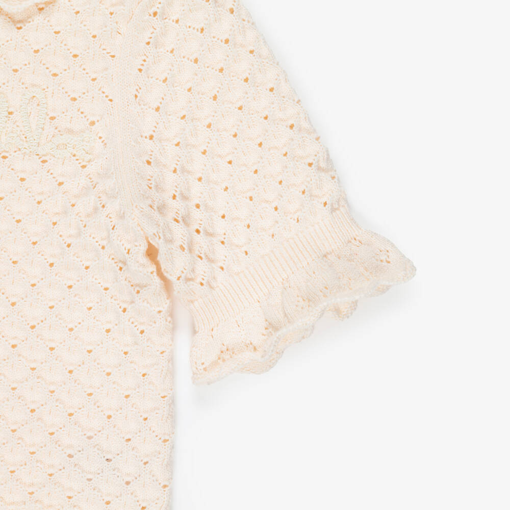 Chloé-Girls Pink Scalloped Cotton Knit Polo Shirt | Childrensalon